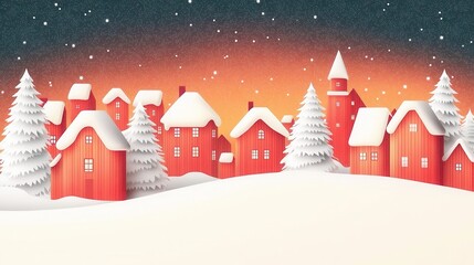 Fototapeta premium Festive Winter Village Scene Cozy Snow Covered Houses Under Starry Night Sky
