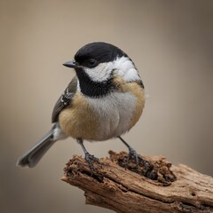 Fototapeta premium Black-capped Chickadee bird on piece of wood.