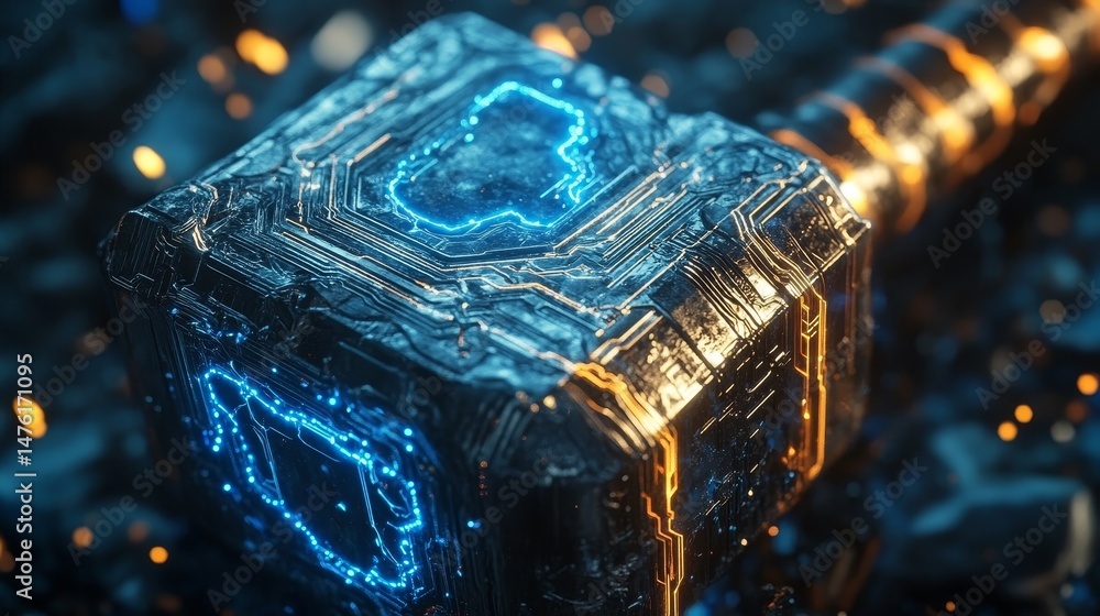 Poster futuristic mjolnir with glowing blue and orange circuit patterns macro shot resting on rocky terrain