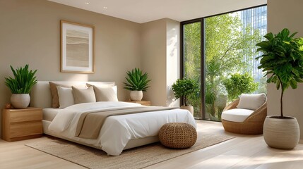Serene Minimalist Bedroom Design with Natural Light and Lush Greenery Modern Interior Decor Inspiration