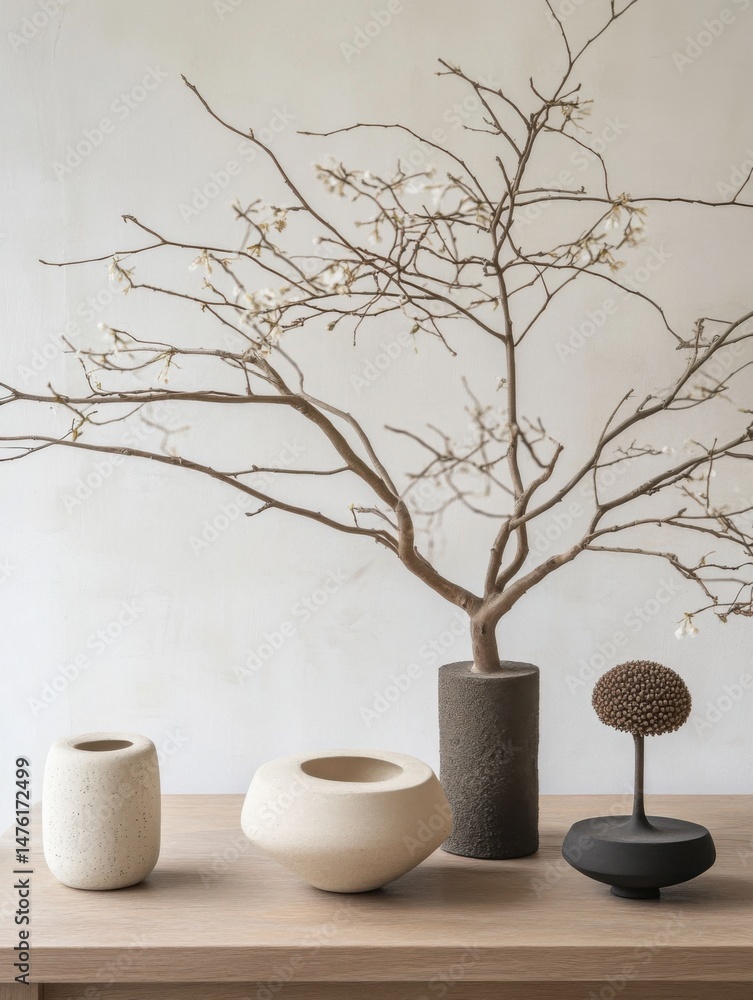 Poster minimalist still life of vases with tree branch and floral sphere on wooden table in studio setting