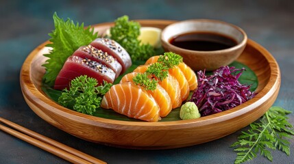 Delicious Sashimi Platter Fresh Tuna and Salmon Slices artfully arranged on a wooden plate with vibrant garnishes