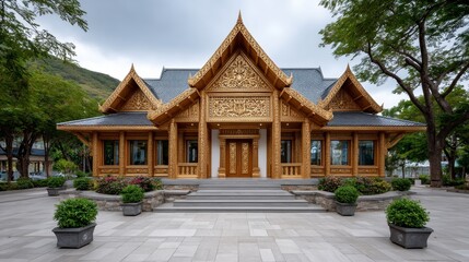 Obraz premium Exquisite Golden Wooden House Architectural Design with Intricate Carvings Beautiful Asian Style Building Exterior