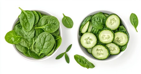 Obraz premium Fresh spinach and cucumber slices in bowls