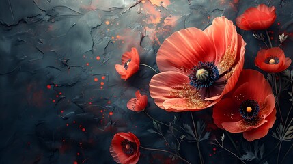 Elegant red poppies blooming on textured dark wall high resolution image