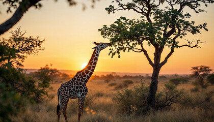 Fototapeta premium A lone giraffe standing in middle of African savannah eating a leaves from the tall tree with the sunset in the background