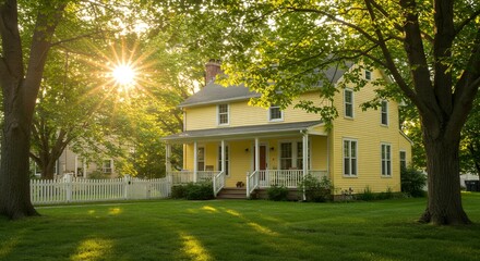 Obraz premium Yellow House with Sun and Trees