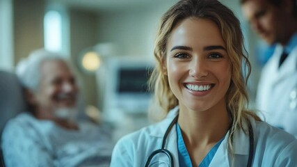 A radiant healthcare professional smiles warmly, embodying empathy and dedication while attending to a patient in a hospital setting.