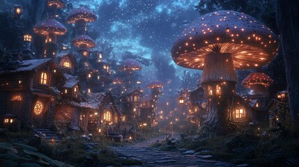 whimsical mushroom village where tiny houses glow softly under a starry sky, and lanterns hang from the oversized caps, Generative AI