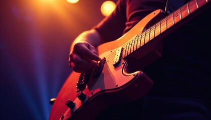 Obraz premium Close-up of a guitar on a stage, spotlight shining , artistry, pick