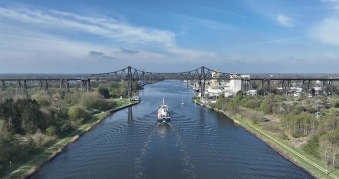 The Rendsburg High Bridge, shipping route, Kiel canal, passage way between the East sea and north sea. Transportation of ships, Water way infrastrucutre, global trade, shipping.