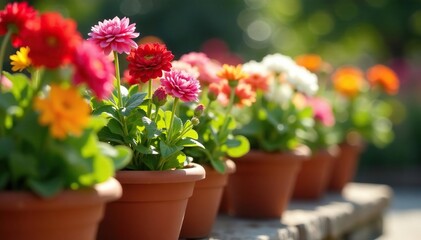 Close-up of colorful flowers blooming in terracotta pots, sunny garden scene , planting, colorful, flower arrangement