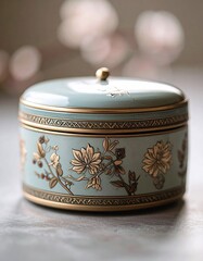 Pastel Teal Tea Box with Lid and Botanical Design