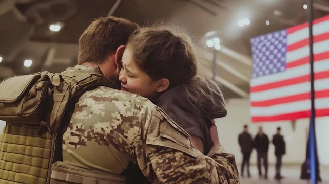 Emotional reunion of US soldier with child at homecoming ceremony