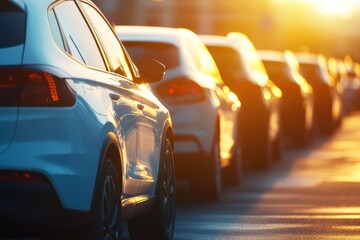 Fototapeta premium Modern sports cars waiting in a traffic jam during a vibrant sunset in a big city