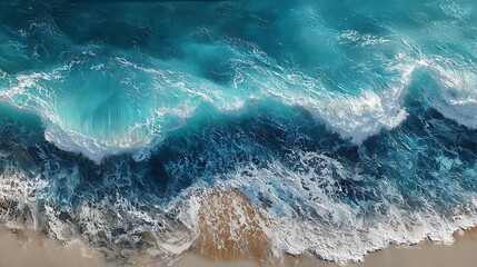 Fototapeta premium Ocean meets shore with turquoise waves crashing