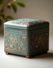 Pastel Teal Tea Box with Lid and Botanical Design