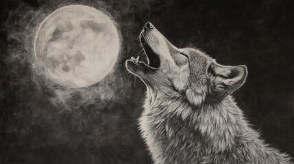 A grayscale drawing of a wolf howling at a large, bright moon in a smoky night sky.