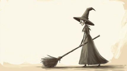 A sepia-toned illustration of a whimsical witch sweeping with a long-handled broom against a beige background.