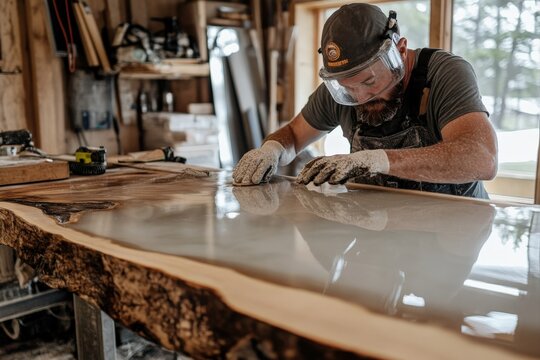 Carpenter polishing epoxy resin countertop in workshop