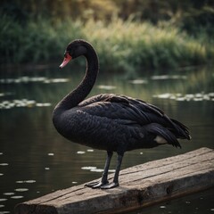Fototapeta premium Black Swan bird on piece of wood.