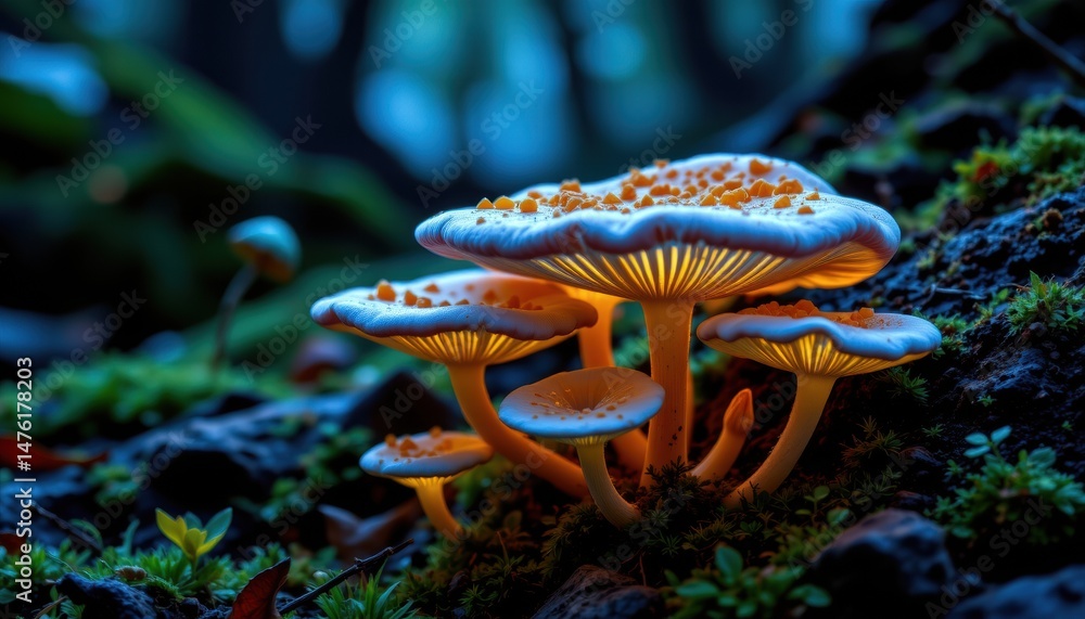 Poster enchanting glow of bioluminescent mushrooms in a mystical forest setting at twilight with lush green