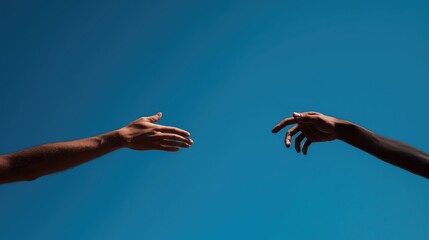 Unity. Two hands reaching towards each other on a blue sky background. Mutual support