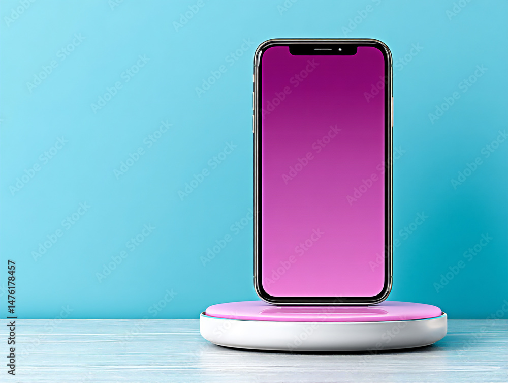 Poster minimalist 3d rendering of a black smartphone with a purple gradient screen on a white wireless char
