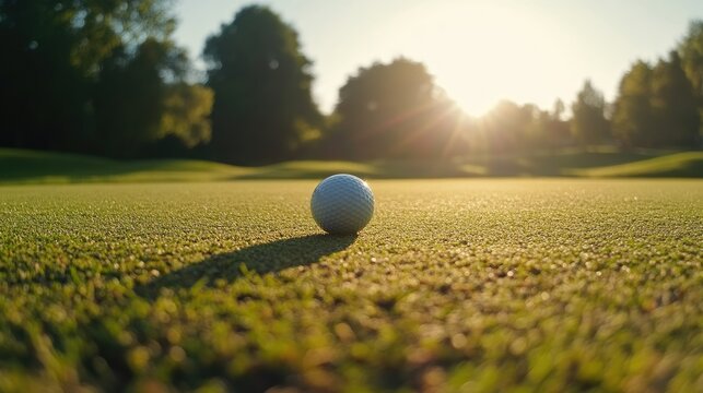 A golfer preparing to putt on a vibrant green golf course, with the sun shining in the background.