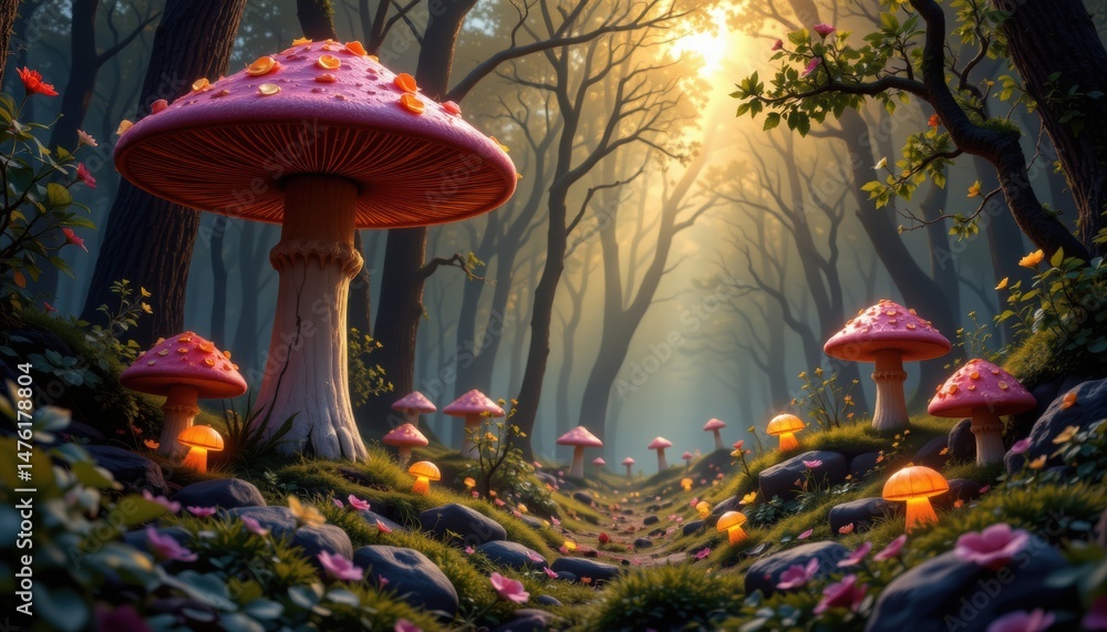 Aufkleber enchanted forest pathway with colorful mushrooms and soft glowing light filtering through trees in a