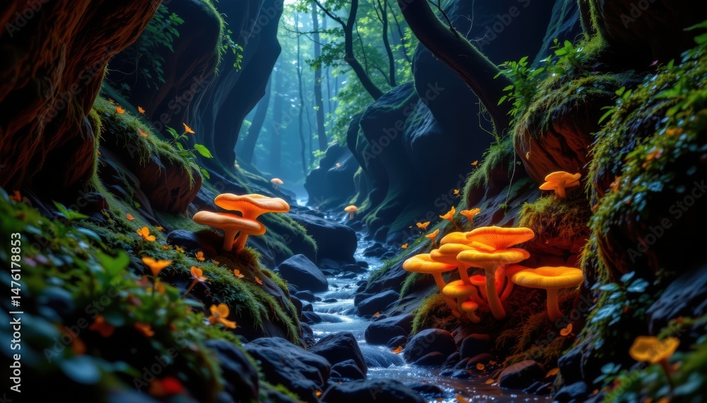 Poster enchanted forest scene with glowing mushrooms and a serene stream in lush greenery and soft light fi