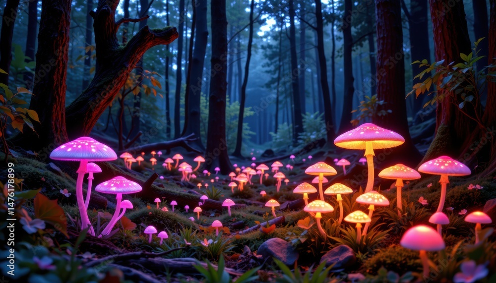 Poster enchanted forest with glowing mushrooms at dusk surrounded by trees and mist creating a magical atmo