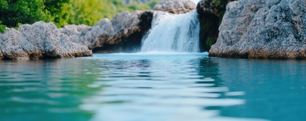 Naklejka premium Tranquil waterfall cascading into a crystal-clear pool