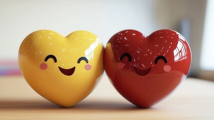 Two happy hearts cheerful smile red and yellow friendship love joy