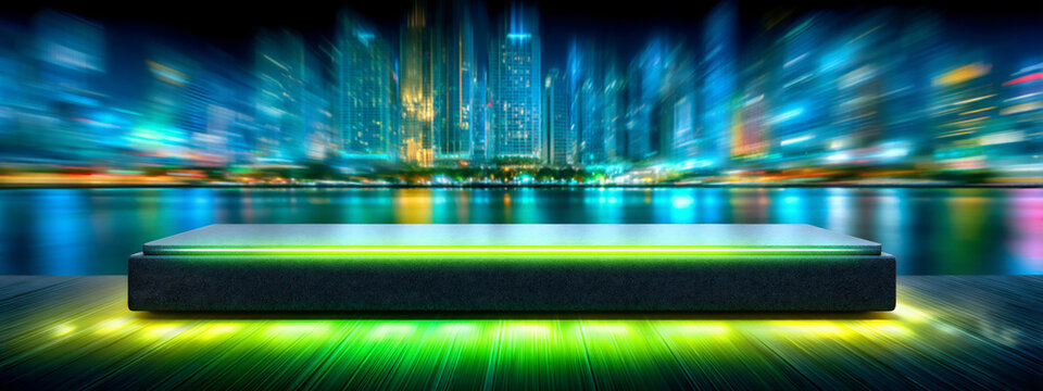 stylized 3d rendering of a dark surface with vibrant green light streaks emanating from beneath, suggesting a high-tech table, against a blurred dynamic background,