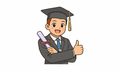 cute man happy graduate with diploma cartoon illustration