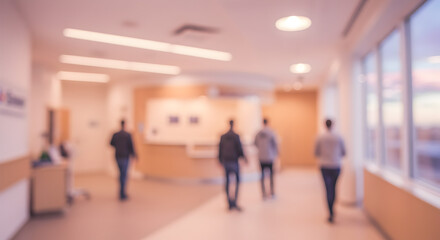 Abstract Blurred Hallway With People Walking Toward Windows and Colorful Sky in Modern Interior