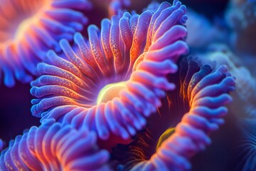 Fototapeta premium Close-up of vibrant coral polyps, exhibiting intricate radiating structures in shades of purple and orange