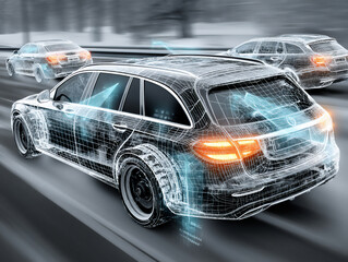 futuristic 3d rendering of autonomous vehicles maintaining formation in dense fog on a highway, utilizing advanced lidar and radar systems,