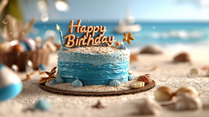 Summer beach inspired birthday cake with ocean theme, featuring blue frosting, seashell decorations, and Happy Birthday topper, set on sandy beach background