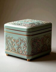 Pastel Teal Tea Box with Lid and Botanical Design