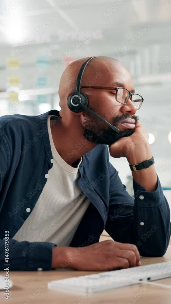 Poster office, black man and bored with headset for call center, crm feedback and agent for customer servic
