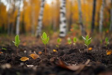 Young sprouts emerging from autumnal forest soil