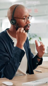 Call center, talking and research with business black man for travel agent, trip advisor and customer support. Contact us, flight help desk and tourism guide agency with person in office for advice