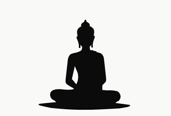 Vector graphic of Buddha in meditation, cross-legged, black outline only with no shadows, designed in high-contrast minimal style.
