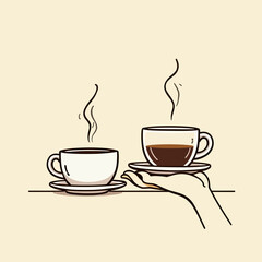 Obraz premium Clean line art of two coffee cups with hand gesture, set on a soft beige background, minimalist comic-style composition. 