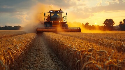 Obraz premium Combine harvester harvesting wheat at sunset. (1)
