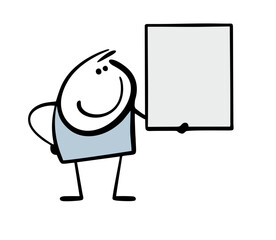 Doodle funny stickman holds a banner with an empty space for text. Vector illustration of cartoon boy and important information on a piece of paper. Clipart.