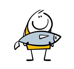 Satisfied stickman shows off a large fish from a river or lake. Vector illustration of a happy and lucky fisherman caught a catch in the sea.