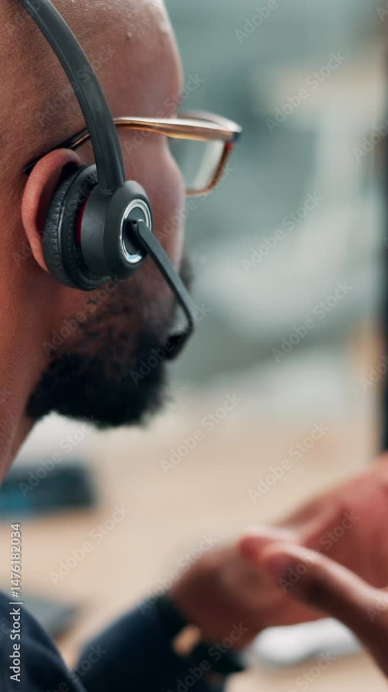 Leinwandbilder call center, talking and black man on computer for tech support, contact us or help with software ba